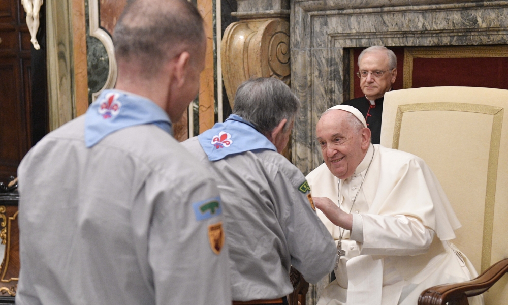 Pope Francis greets members of the Italian Catholic Movement of Adult Scouts during a meeting at the Vatican April 13, 2023. | Photo by CNS photo/Vatican Media.