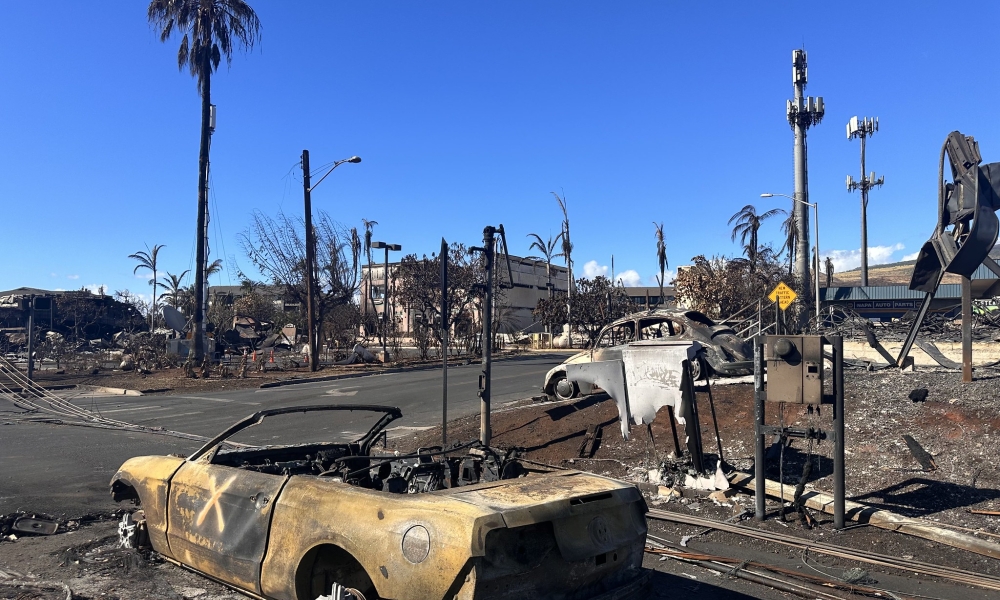 A burned car sits in the turning lane of a street in Lahaina. The "X" indicates the car was checked and cleared during search and rescue operations.