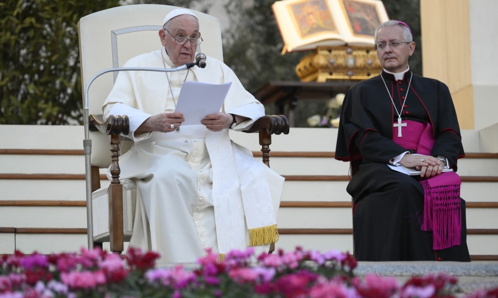 Pope Francis gives his homily during an ecumenical prayer vigil ahead of the assembly of the Synod of Bishops in St. Peter's Square at the Vatican Sept. 30, 2023