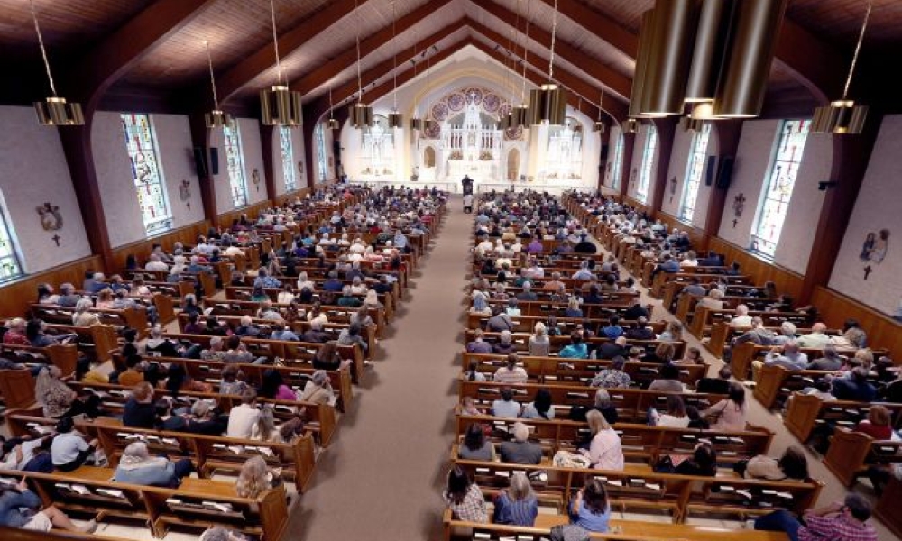 Hundreds gather for Mass and blessing of a shrine dedicated to Carlo Acutis at St. Dominic Parish in Brick, New Jersey. Photo by Thomas P. Costello II