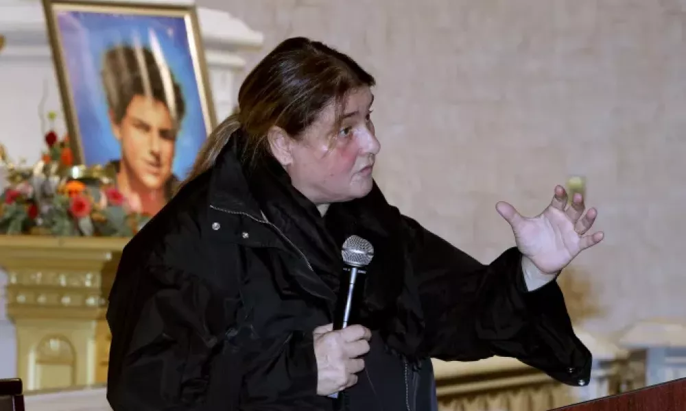 In her remarks to the faithful gathered for the celebration Oct. 1, 2023, Blessed Carlo Acutis' mother, Antonia Salzano, declared: &quot;Sainthood is for everyone. Carlo became a saint by practicing the seven theological and cardinal virtues.&quot; She emphasized: &quot;This is what makes us all saints.&quot; Photo by Thomas P. Costello II