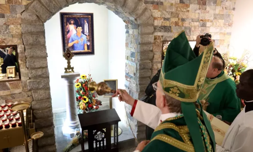 Bishop David O'Connell blesses the new Blessed Carlo Acutis shrine at St. Dominic Parish in Brick, New Jersey. Photo by Thomas P. Costello II