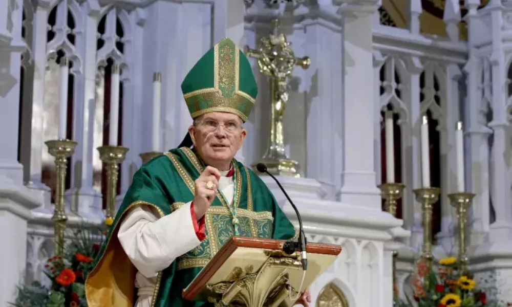 Bishop David O'Connell addresses the congregation during a Mass before a blessing of the new Blessed Carlo Acutis shrine at St. Dominic Parish in Brick, New Jersey. Photo by Thomas P. Costello II