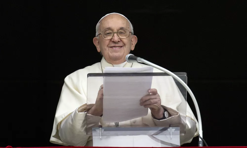 Pope Francis speaks to pilgrims gathered in St. Peter's Square for the Angelus on the solemnity of All Saints on Nov. 1, 2023. Photo by Vatican Media