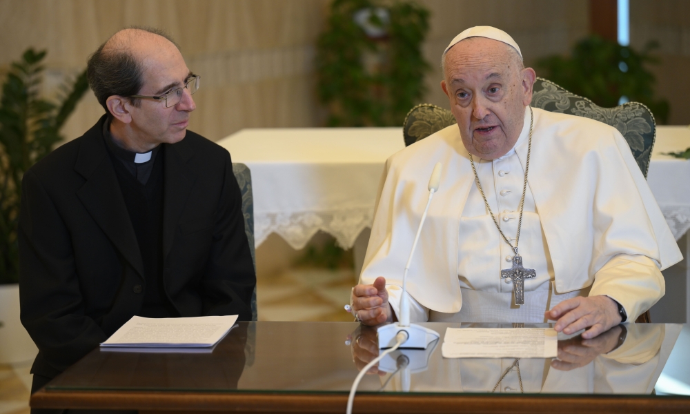 Pope Francis delivers his address from his residence to viewers in St. Peter's Square and online. Photo by Vatican Media.