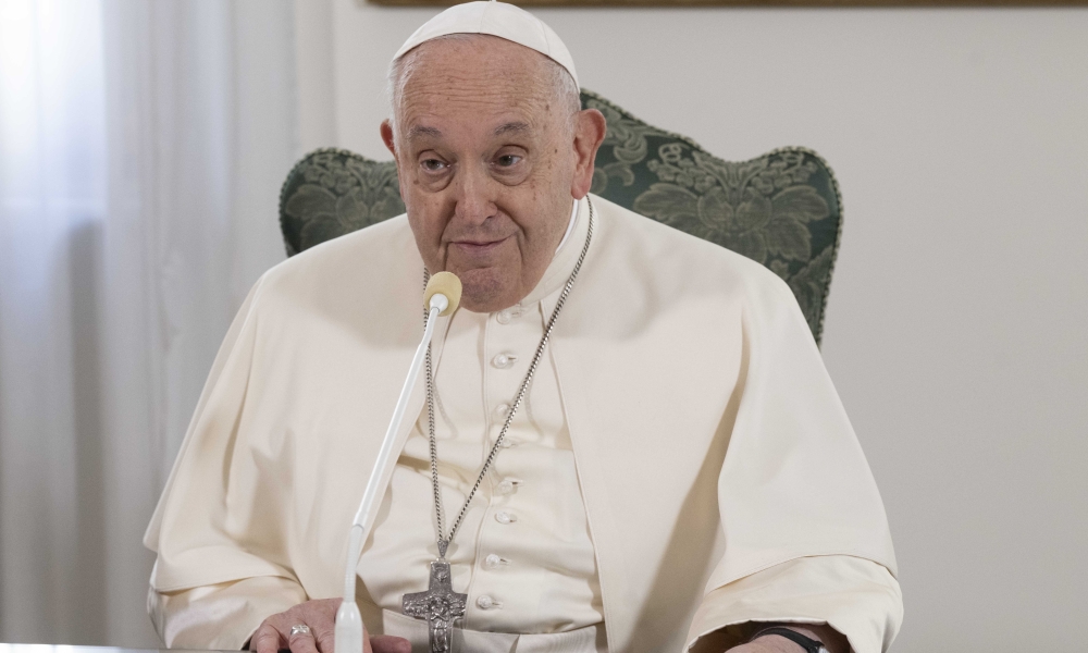 Pope Francis smiles during a broadcast his Vatican residence, the Domus Sanctae Marthae.