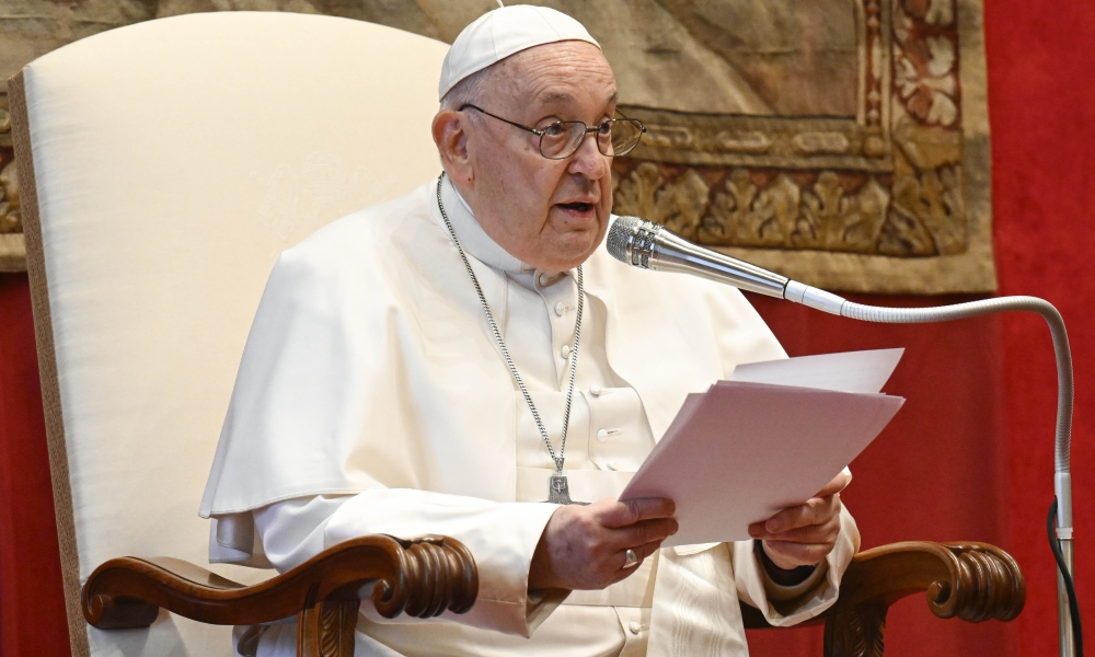 Pope Francis speaks during his annual meeting with diplomats accredited to the Holy See at the Vatican Jan. 8, 2024 | Photo by CNS/Vatican Media 