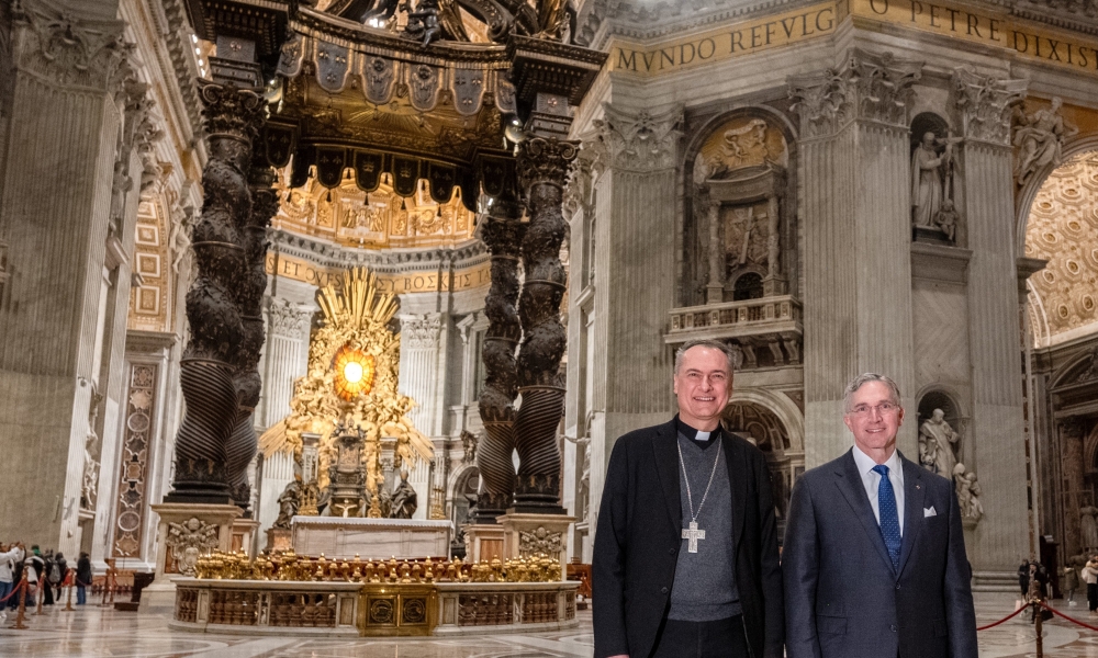 Cardinal Mauro Gambetti, O.F.M., Conv., Archpriest of St. Peter’s Basilica and Knights of Columbus Supreme Knight Patrick Kelly photographed in front of St. Peter’s Baldacchino in St. Peter’s Basilica in Vatican City on January 10, 2024. Cardinal Gambetti and Mr. Kelly announced that the Knights of Columbus would underwrite the complete restoration of the Baldacchino, the first such restoration since 1758. (photo credit: Tamino Petelinsek).