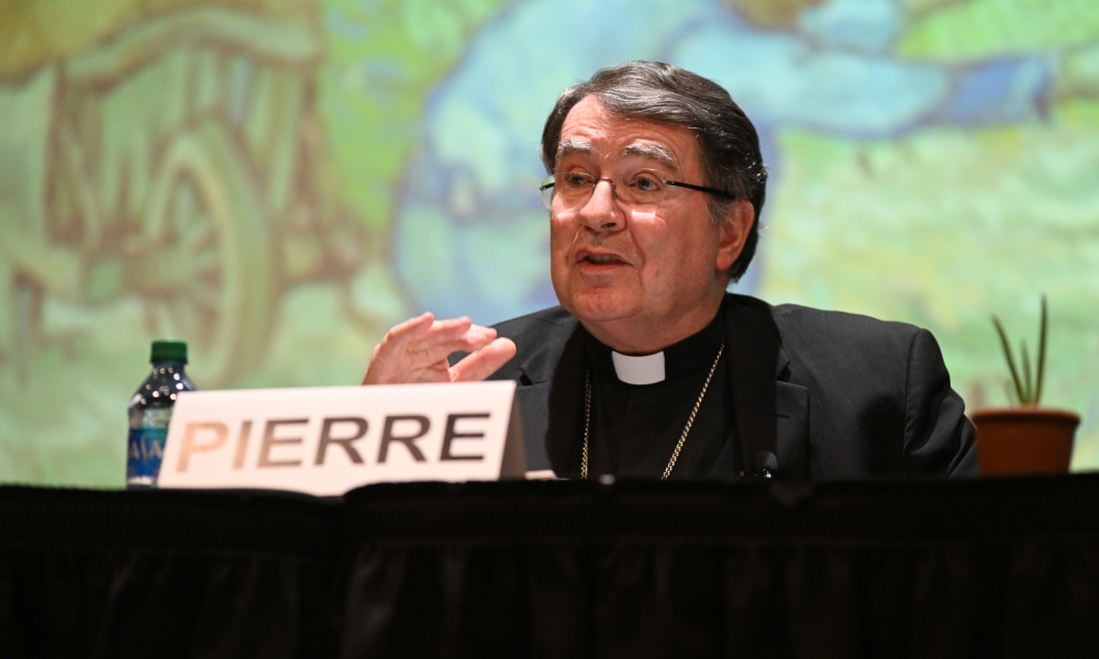 Cardinal Christophe Pierre speaks during an educational event at St. Petersburg Catholic High School in Florida on January 24, 2024. The event included a panel discussion on “The Risk of Education” by Fr. Luigi Giussani. The event was sponsored by the Tampa Bay Communion & Liberation community. Photo by Teresa Peterson.