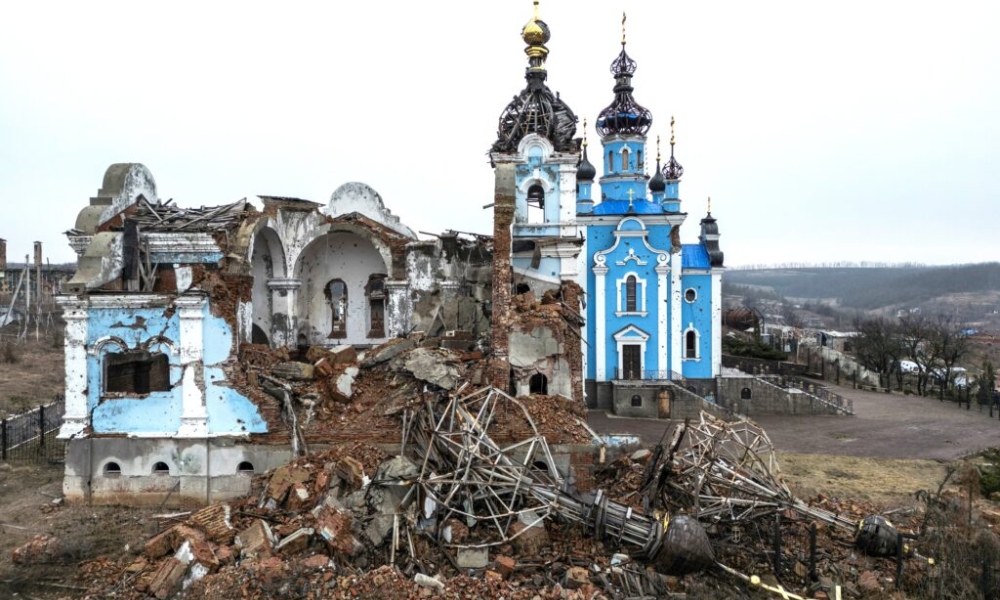 A church destroyed by a Russian attack on the village of Bohorodychne in Ukraine's Donetsk region is pictured February 13, 2024. | Photo by OSV News /Vladyslav Musiienko, Reuters)