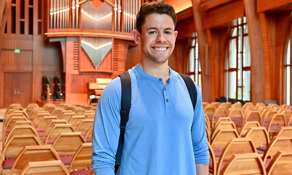 Collin Likover, Team Director of the FOCUS Cath-olic ministry at the University of Tampa, is photographed on campus.