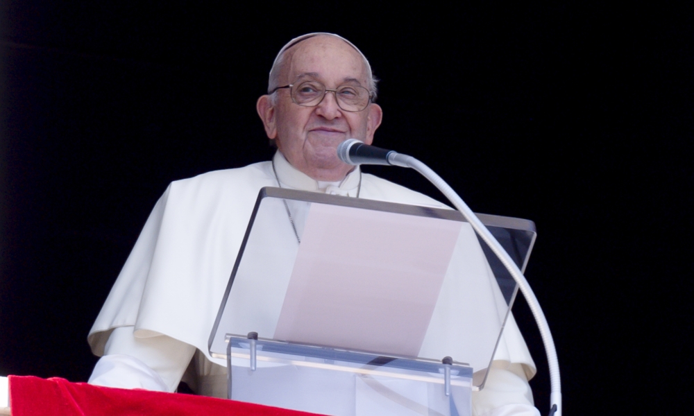Pope Francis smiles at people gathered in St. Peter's Square at the Vatican April 14, 2024, for his midday recitation of the "Regina Coeli" prayer. The pope pleaded with nations to exercise restraint and avoid an escalation of violence in the Middle East. | Photo by CNS photo/Vatican Media.