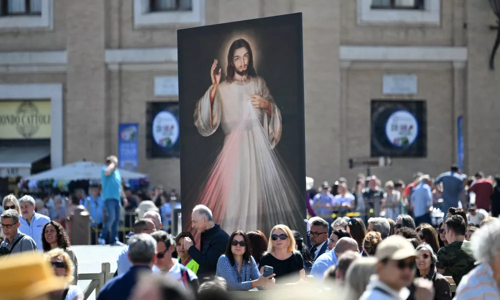 The Divine Mercy image is displayed at St. Peter's Square before Pope Francis Regina Caeli prayer on April 7, 2024. Photo by Alberto Pizzoli/AFP via Getty Images
