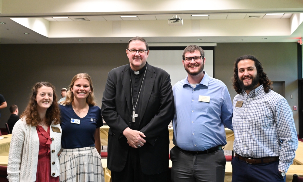 On May 3, 2024, the four local apprentices of the Echo program visited the Pastoral Center to learn about the Diocese, meet the staff, and have lunch with Bishop Gregory Parkes. | Photo by Brittany DeHaan.