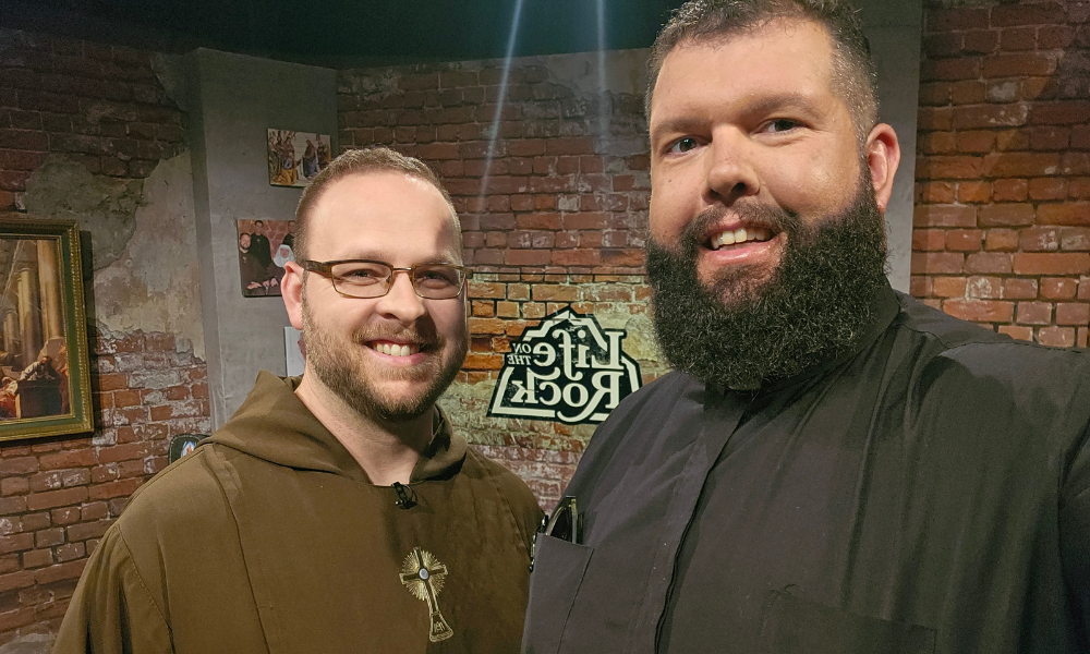 Brother John Therese Marie, is with Father Chuck Dornquast on the set of "Life on the Rock," in Irondale, Alabama. The show is hosted by the Franciscan Missionaries of the Eternal Word and it airs on EWTN.