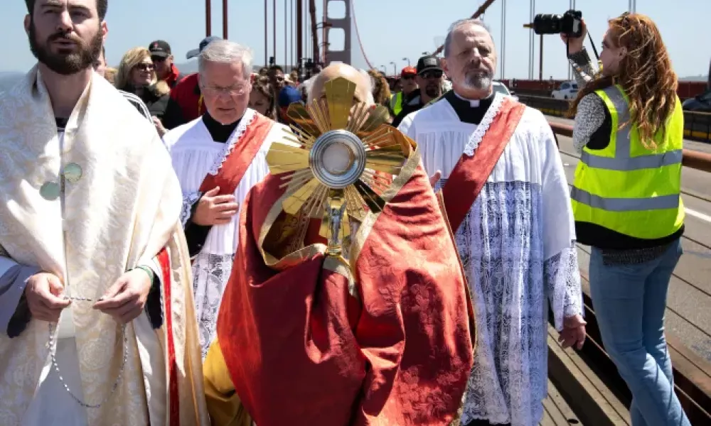 San Francisco Archbishop Salvatore Cordileone processes over the Golden Gate Bridge with the Eucharist on May 19, 2024. | Photo by Jeffrey Bruno
