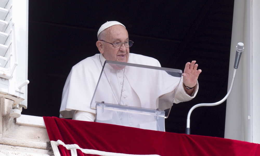 Pope Francis greets visitors in St. Peter's Square gathered to pray the Angelus at the Vatican June 9, 2024. | Photo by CNS photo/Vatican Media.