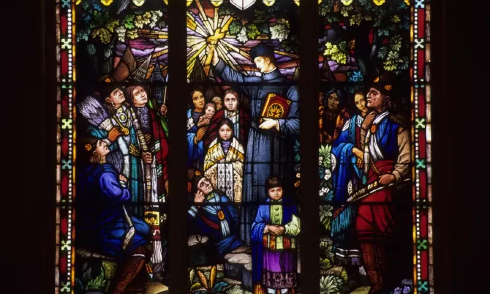 Interior view of a stained-glass window of Immaculate Conception Catholic Church in Pawhuska, Oklahoma by Wolfgang Kaehler/LightRocket via Getty Images | Photo from CNA