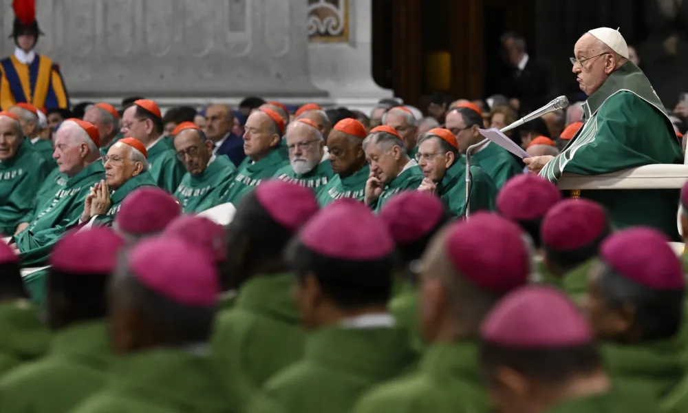 Pope Francis addresses bishops gathered in St. Peter’s Basilica at the Vatican for the Synod on Synodality closing Mass on Oct. 27, 2024. | Photo by Vatican Media.