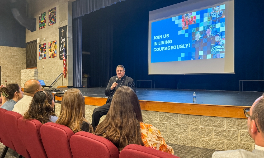 Bishop Gregory Parkes speaks to diocesan staff about the 2025-2029 Pastoral Plan. | Photo by Keishla Espinal.