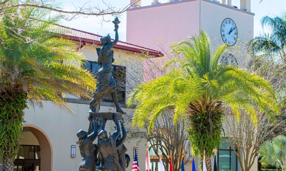 Saint Leo University’s For Those Who Serve sculpture was unveiled at the university’s residential campus on Veterans Day in 2010 and honors the branches of the military as well as students and staff.