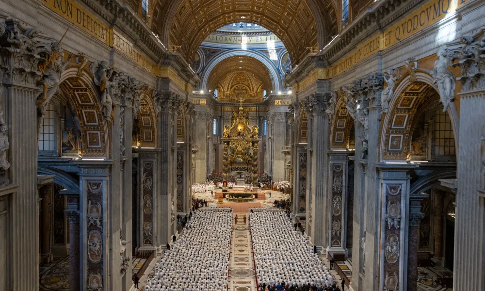 An aerial view shows over 4,000 deacons gathered in St. Peter’s Basilica for the special jubilee Mass, Feb. 23, 2025. Credit: Daniel Ibáñez/CNA