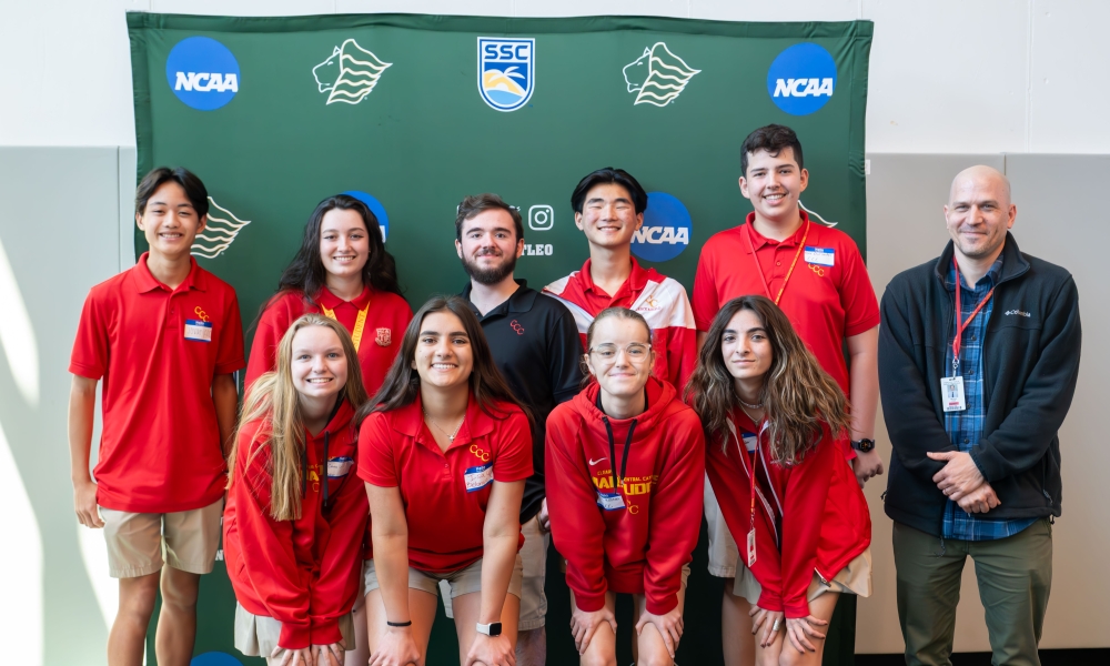 Clearwater Catholic High School claimed victory in Saint Leo University’s annual Brain Bowl. The team includes front row: Claire Probst, Isa Belongie, Sarah Yoston, and Clara Zouan; back row: Jovan Tran, Talia Spataro, Andrew Massaro, Christopher Sodana, and Alex Dulzaides and coach Michael Clark.