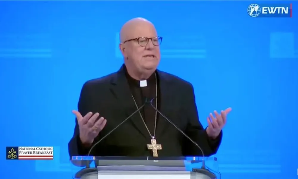 Bishop William Byrne of the Diocese of Springfield, Massachusetts, gives the keynote address at the 2024 National Catholic Prayer Breakfast in Washington, D.C., Feb. 8, 2024. | Photo by EWTN.
