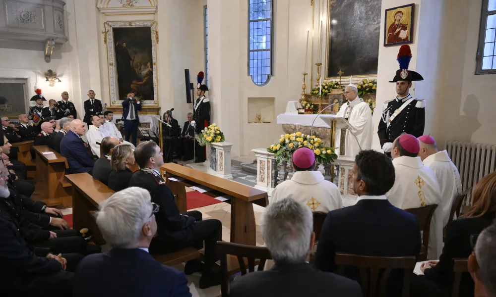 Pope Leo XIV celebrates Mass in the chapel at the Carabinieri station in Castel Gandolfo on July 15, 2025. Credit: Vatican Media