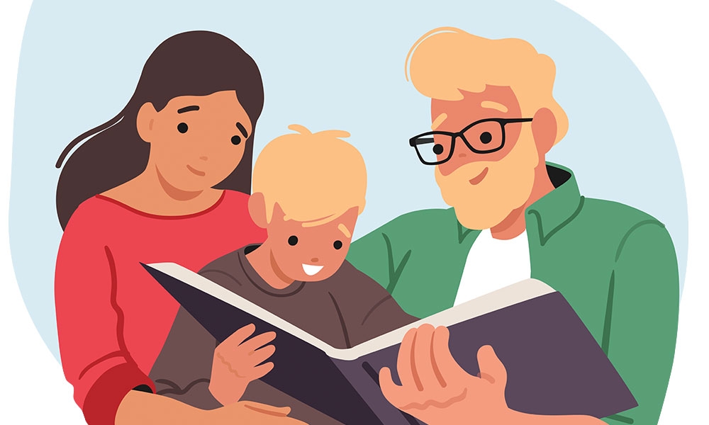 Illustration of a family reading together