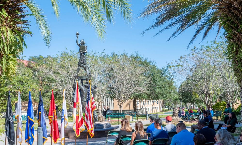 Saint Leo University’s 2023 Veterans Appreciation Ceremony by the For Those Who Serve statue.