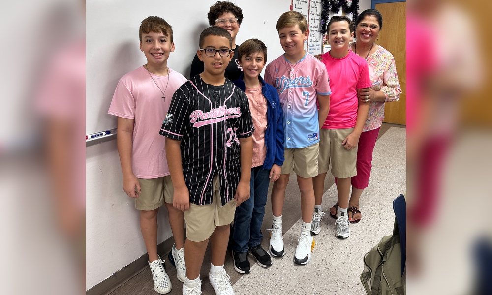 School children wearing pink.