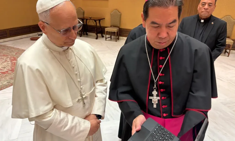 Pope Leo XIV receives a video from the Hope Border Institute from Auxiliary Bishop Anthony Celino on Oct. 8, 2025. Credit: Fernie Ceniceros/El Paso Diocese