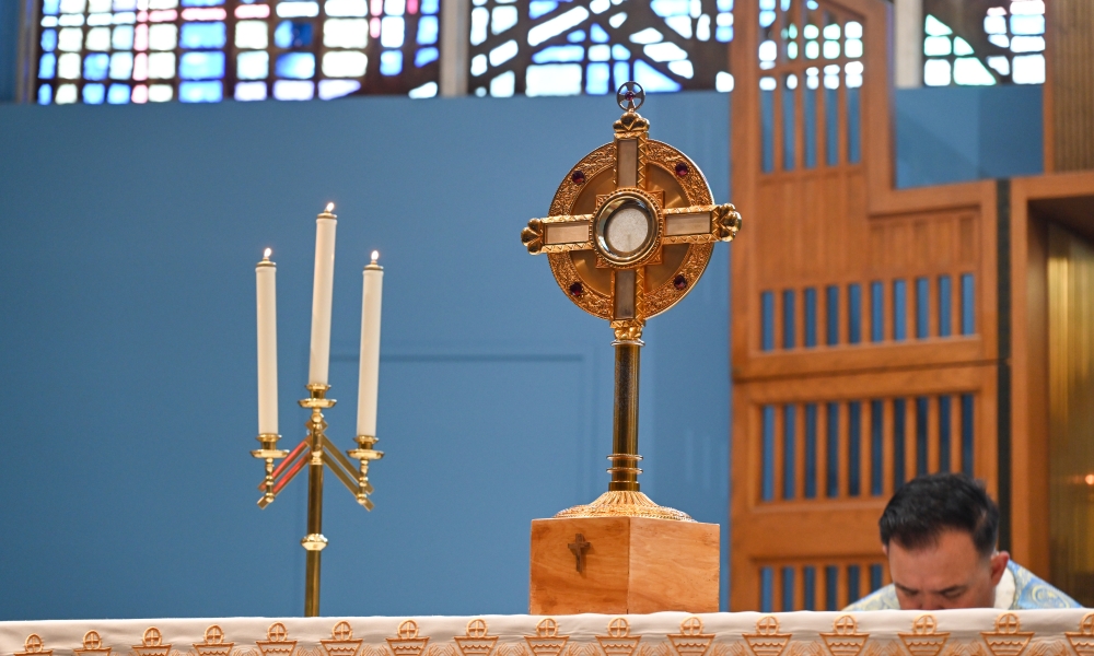 The monstrance sits on the altar in Our Lady's Chapel.