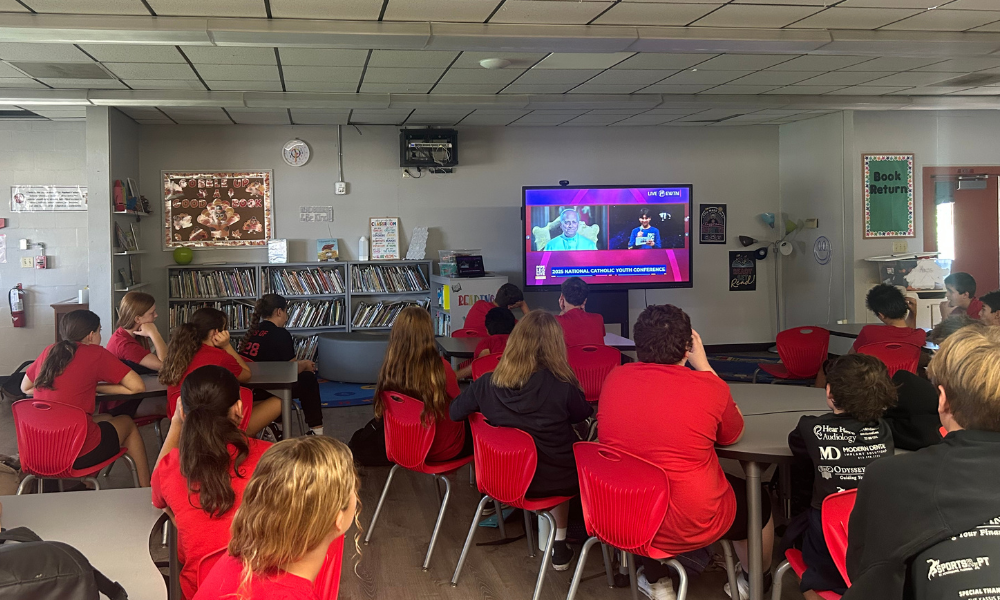 Middle school students at St. Raphael Catholic School tuned in to the digital dialogue with Pope Leo XIV. | Courtesy Photo