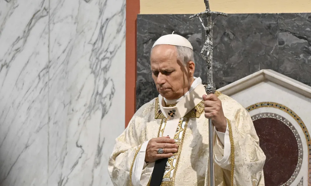 Pope Leo XIV prays during a Mass at Sant’Anselmo Church, located at a Benedictine monastery on the Aventine Hill in Rome, on Nov. 11, 2025. Credit: Vatican Media