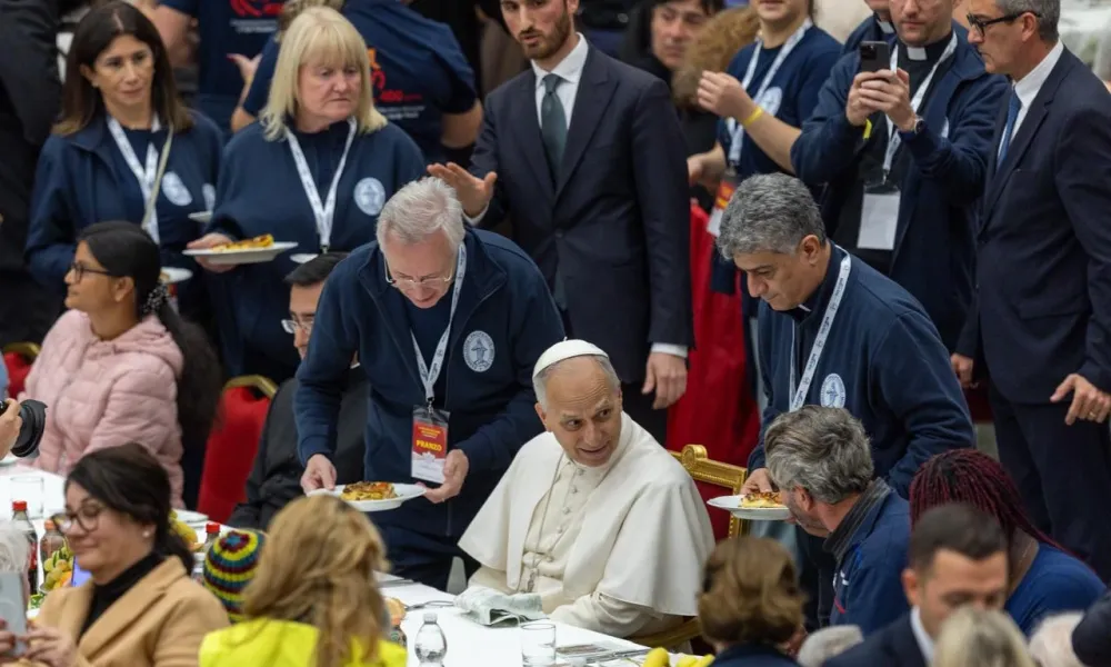 Pope Leo XIV shares lunch with people in need at the Vatican on Nov. 16, 2025. Credit: Daniel Ibáñez/EWTN News