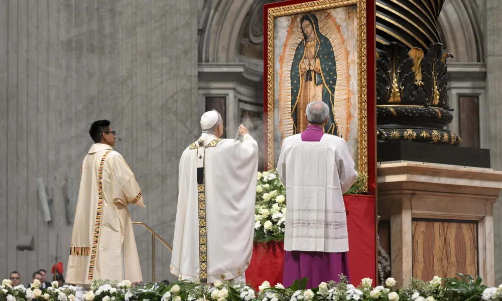 Pope Leo XIV honors Our Lady of Guadalupe during the Mass on her feast day, Dec. 12, 2025, in St. Peter’s Basilica at the Vatican. Credit: Vatican Media