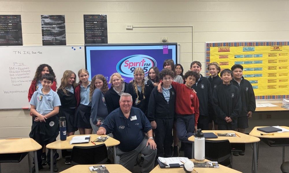 John Morris, station manager at Spirit FM, visits St. Cecelia Interparochial School during Catholic Schools Week. | Courtesy photo.