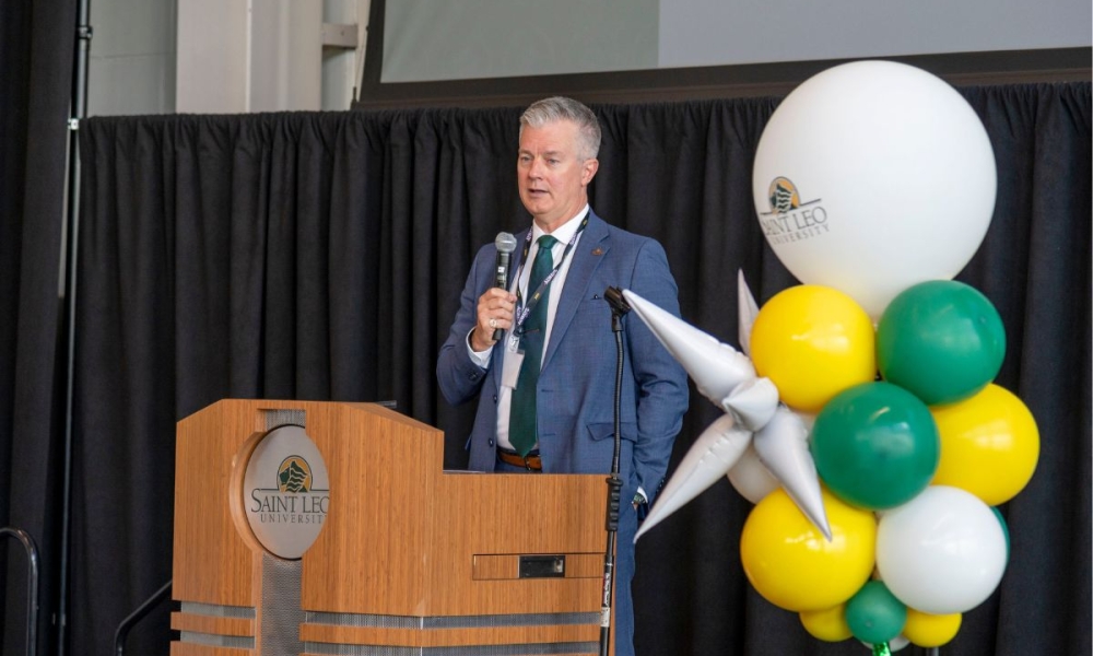 Saint Leo University President Jim Burkee at the March 7 Breakfast with the President alumni event.