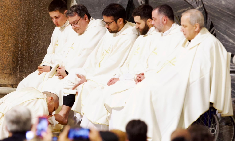 Pope Leo XIV washes the feet of priests during the Mass of the Lord’s Supper at the Basilica of St. John Lateran in Rome on Holy Thursday, April 2, 2026. | Credit: Daniel Ibáñez/EWTN News