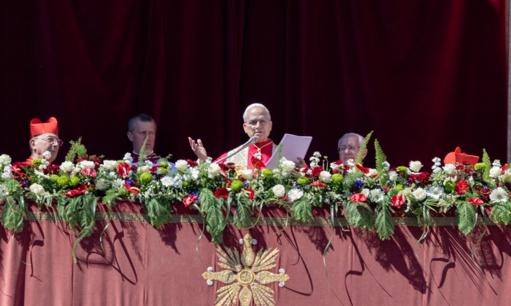 Pope Leo XIV delivers his Easter message “to the city [of Rome] and the world” from the loggia of St. Peter’s Basilica at the Vatican on April 5, 2026. | Credit: Daniel Ibáñez/EWTN News
