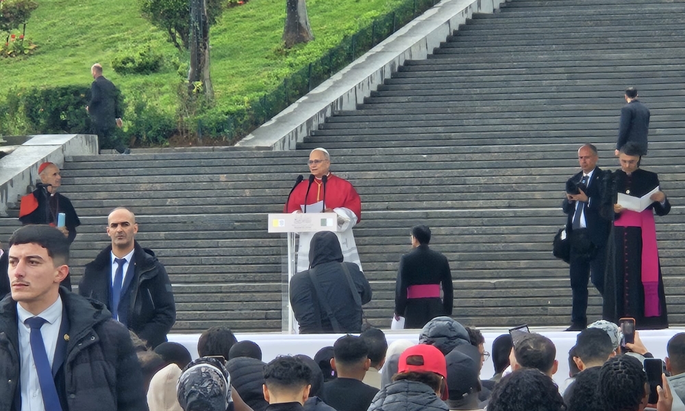 Pope Leo XIV speaks at the Maqam Echahid Martyrs’ Monument in Algiers, Algeria, on April 13, 2026. | Credit: Marco Mancini/EWTN News