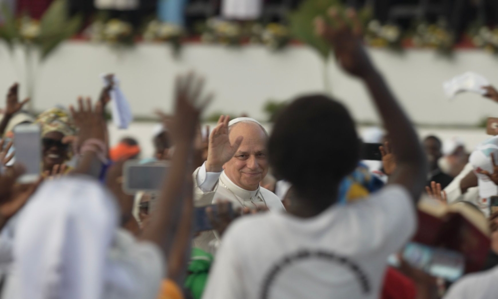 Pope Leo XIV arrives for an enounter with young people at the Marian shrine of Mama Muxima in Kimbaxe, Angola, on April 19, 2026. | Credit: Patrick Leonard/EWTN News