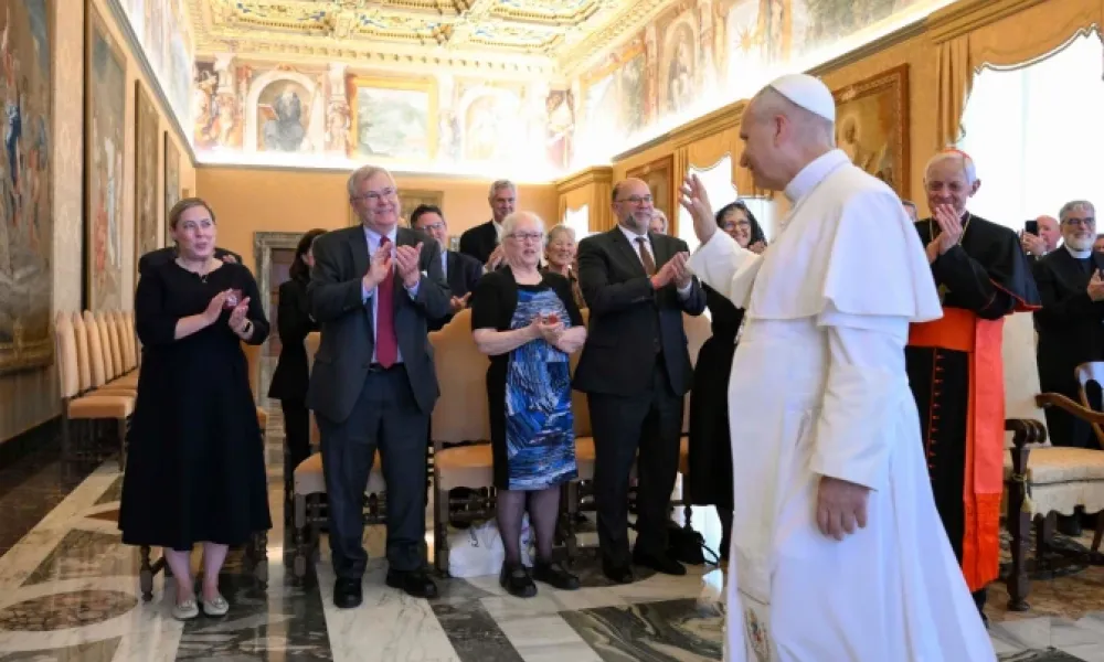 Members of the Vatican Observatory Foundation, which supports the work of the observatory at Castel Gandolfo, meet with Pope Leo XIV on May 11, 2026, at the Vatican. | Credit: Vatican Media