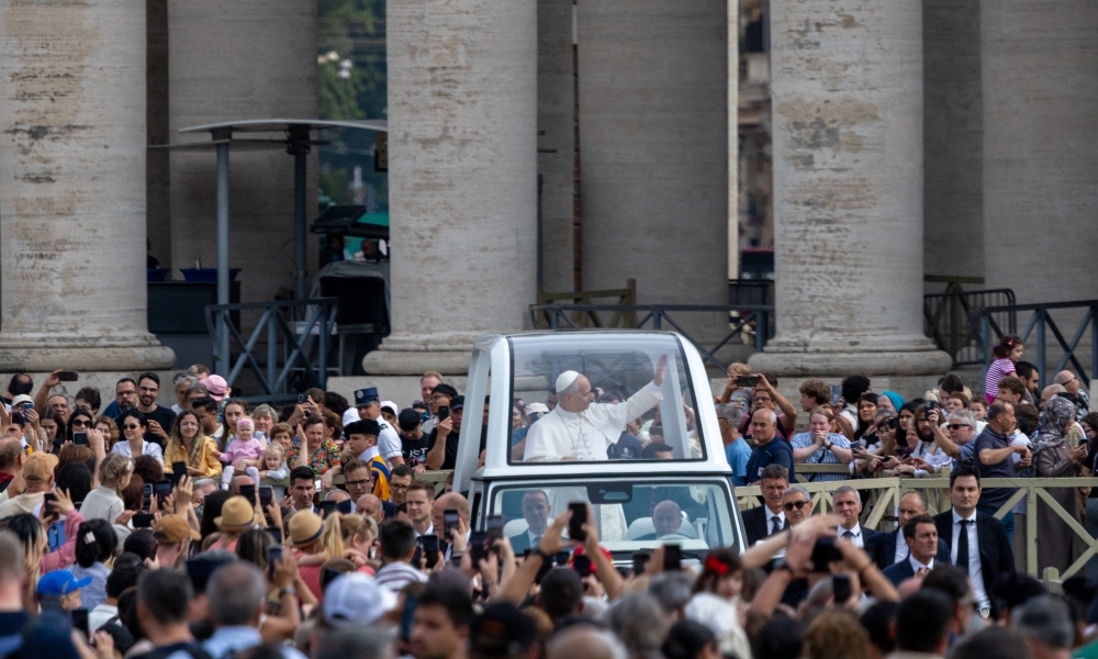 Pope Leo XIV waves from the popemobile during the general audience in Saint Peter's Square on June 3, 2026. | Credit: Daniel Ibanez/EWTN News
