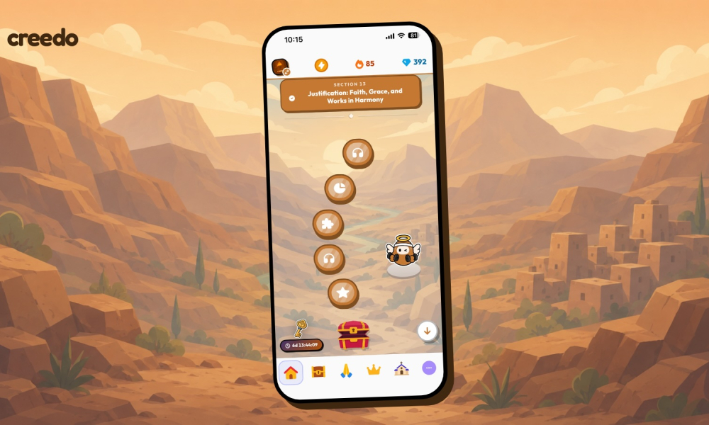 Screenshot of Creedo App Section 13, “Justification: Faith, Grace, and Works in Harmony,” July 30, 2026. | Credit: Photo courtesy of Caleb Burbach