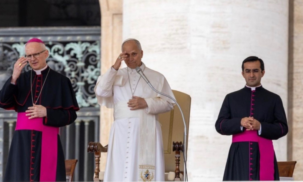 The pope crosses himself at the general audience in St. Peter's Square on Wednesday, Oct. 7, 2026. | Credit: Daniel Ibañez/EWTN News