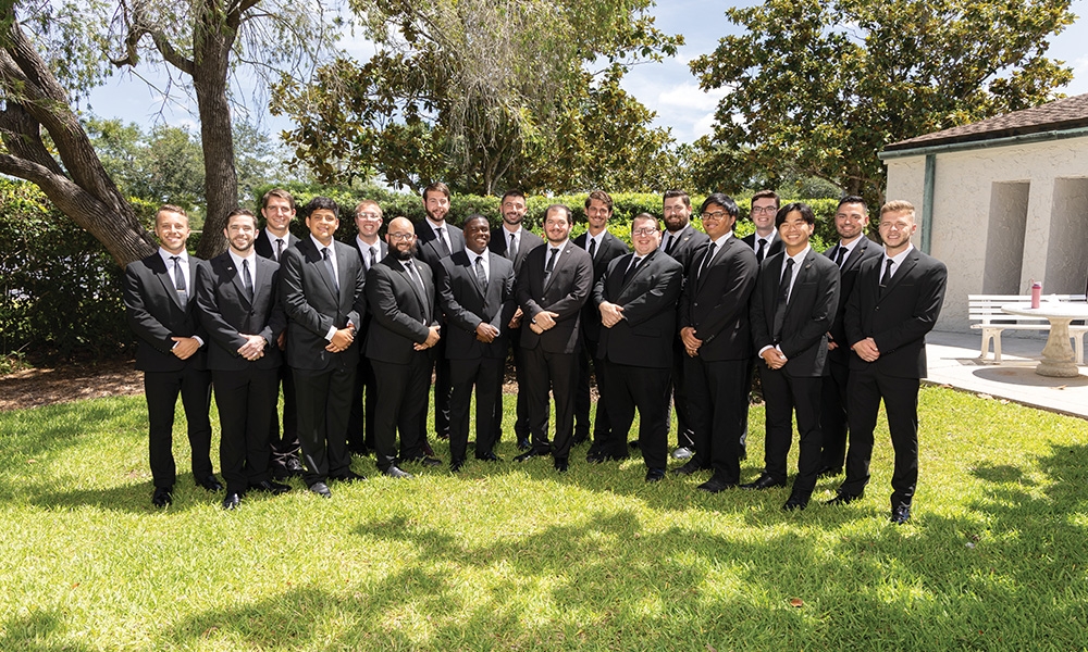 The Diocese of St. Petersburg seminarians gather for a photo at Nazareth House of Formation in St. Petersburg. Nazareth House, named after the town in which Jesus spent his teen and young adult years, is a summer resi-dence for seminarians to grow in faith and community while serving others.