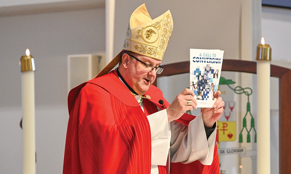 Bishop Gregory Parkes presents the new 2025-2029 Pastoral Plan to the diocese. 